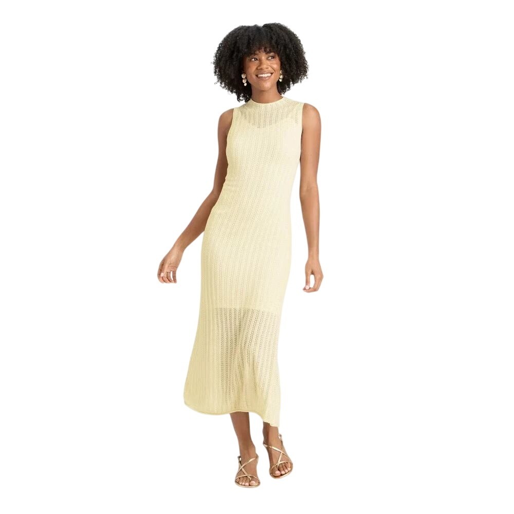 A New Day Women's Cream Pointelle Knit Sleeveless Maxi Sweater Dress Size XS